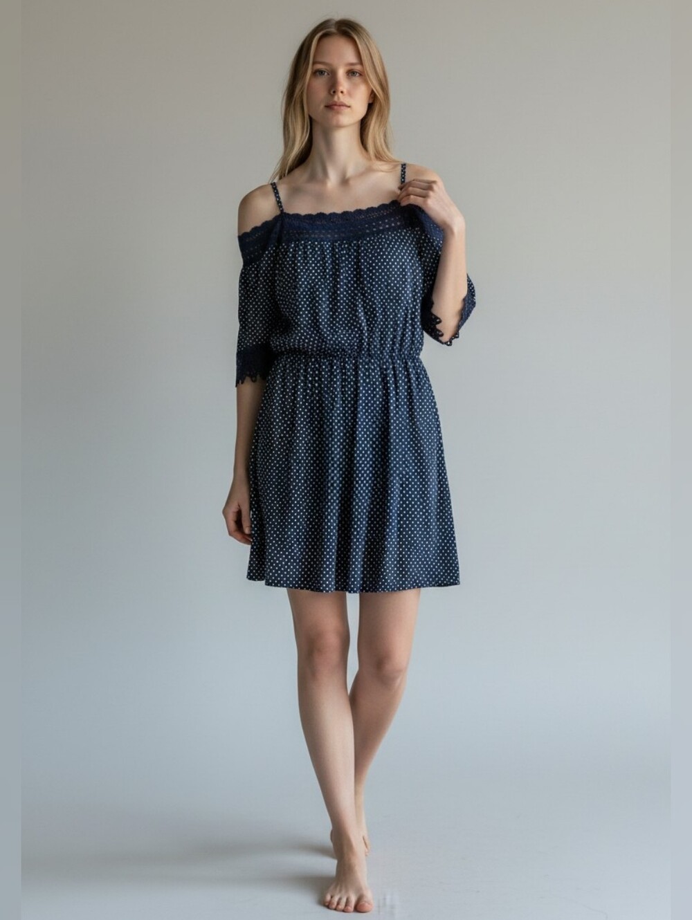 Faded Rose Navy Polka Dot Off-Shoulder Mini Dress